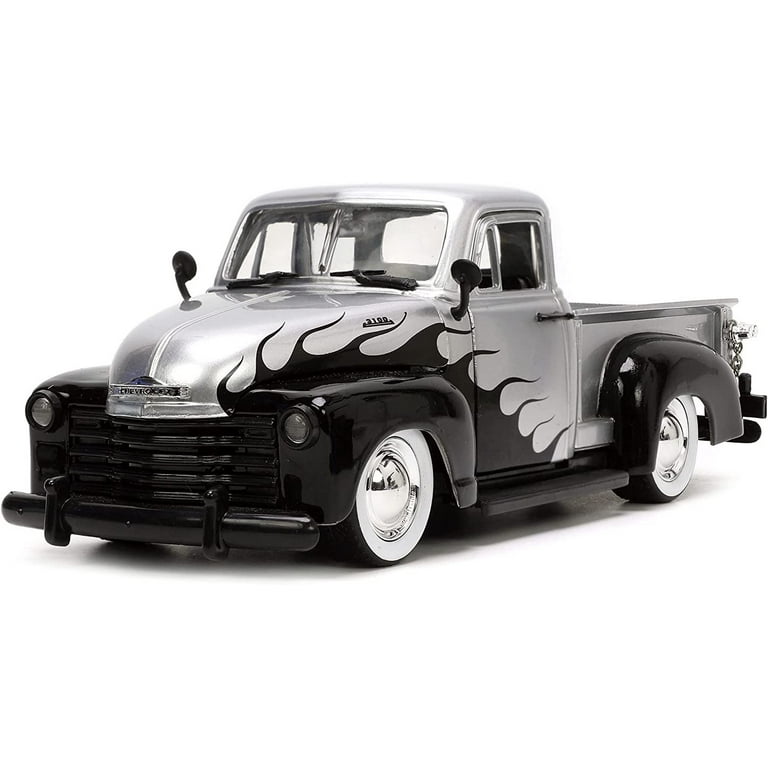 Jada 1953 Chevy 3100 Pickup Diecast Toy, Silver/Black Flames