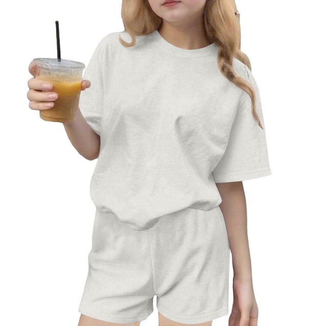 Ensemble T-Shirt et Short pour Filles, Haut à Col Rond Uni à Manches Courtes et Short, Tenue de Sport Décontractée Deux Pièces pour Enfants