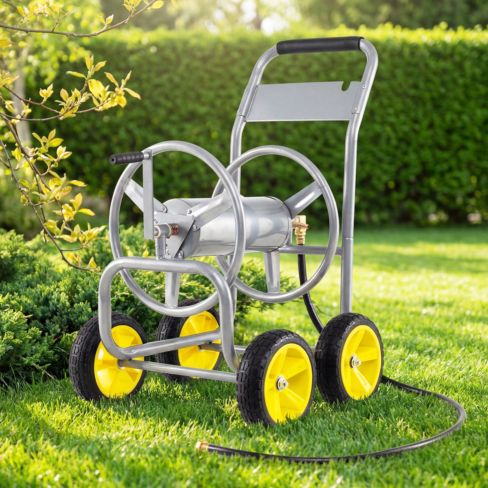 Costway Garden Hose Reel Cart 4 Wheels, 330 ft 5/8” Large Capacity for Outside Yard Lawn Silver
