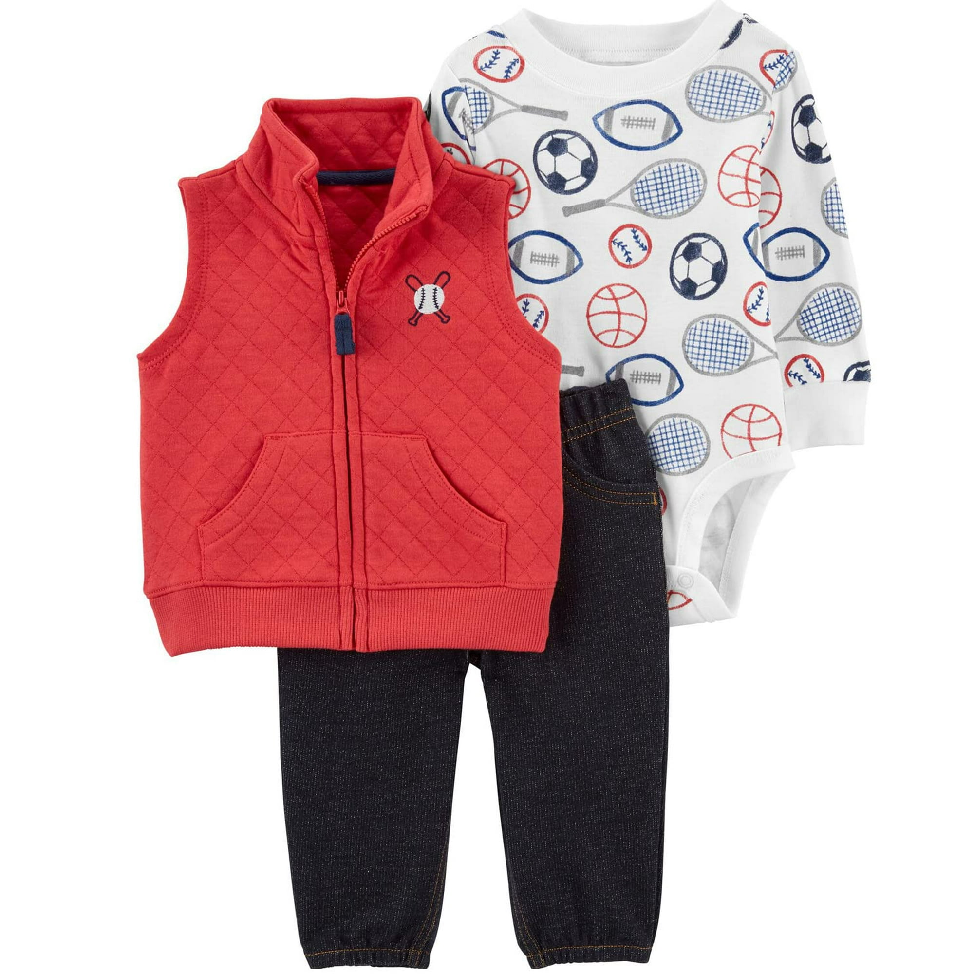 Carter s Baby Boys 3 Piece Plaid Patch Little Vest Set Red Little Sports 6 Months Walmart