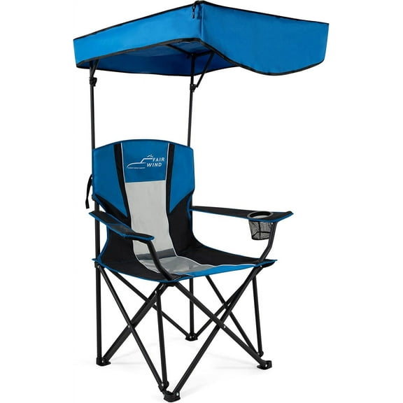 Oversized Camping Lounge Chair with Adjustable Shade Canopy for Outdoor Sports Heavy Duty Quad Fold Chair Arm Chair - Support 350 LBS(Black Blue)