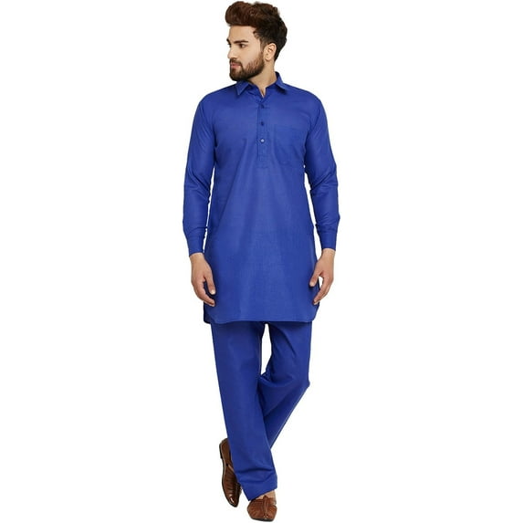 Royal Kurta Men's Cotton Linen Pathani Kurta And Salwar Set (40, Royal Blue)