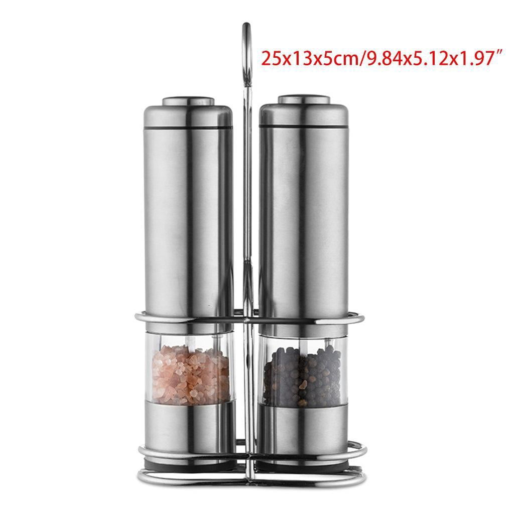 Electric Salt Pepper Grinder Set 2 Stainless Steel Mills With LED Light Adjustable Coarseness Complimentary Mill Rest