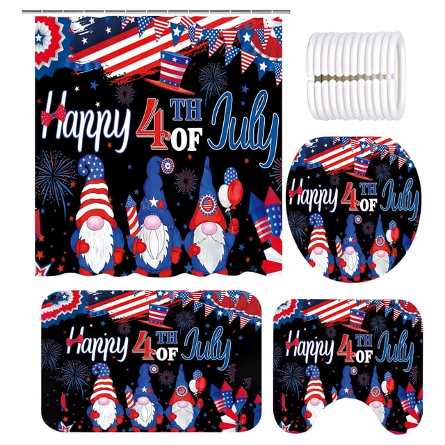 Deals Rideau de Douche Jour de l'Indépendance Ensemble de 4 Pcs Rideau de Douche Imperméable Jour de l'Indépendance Américain Tapis de Sol Absorbant Tapis de Toilette Ensemble de Rideau de Douche