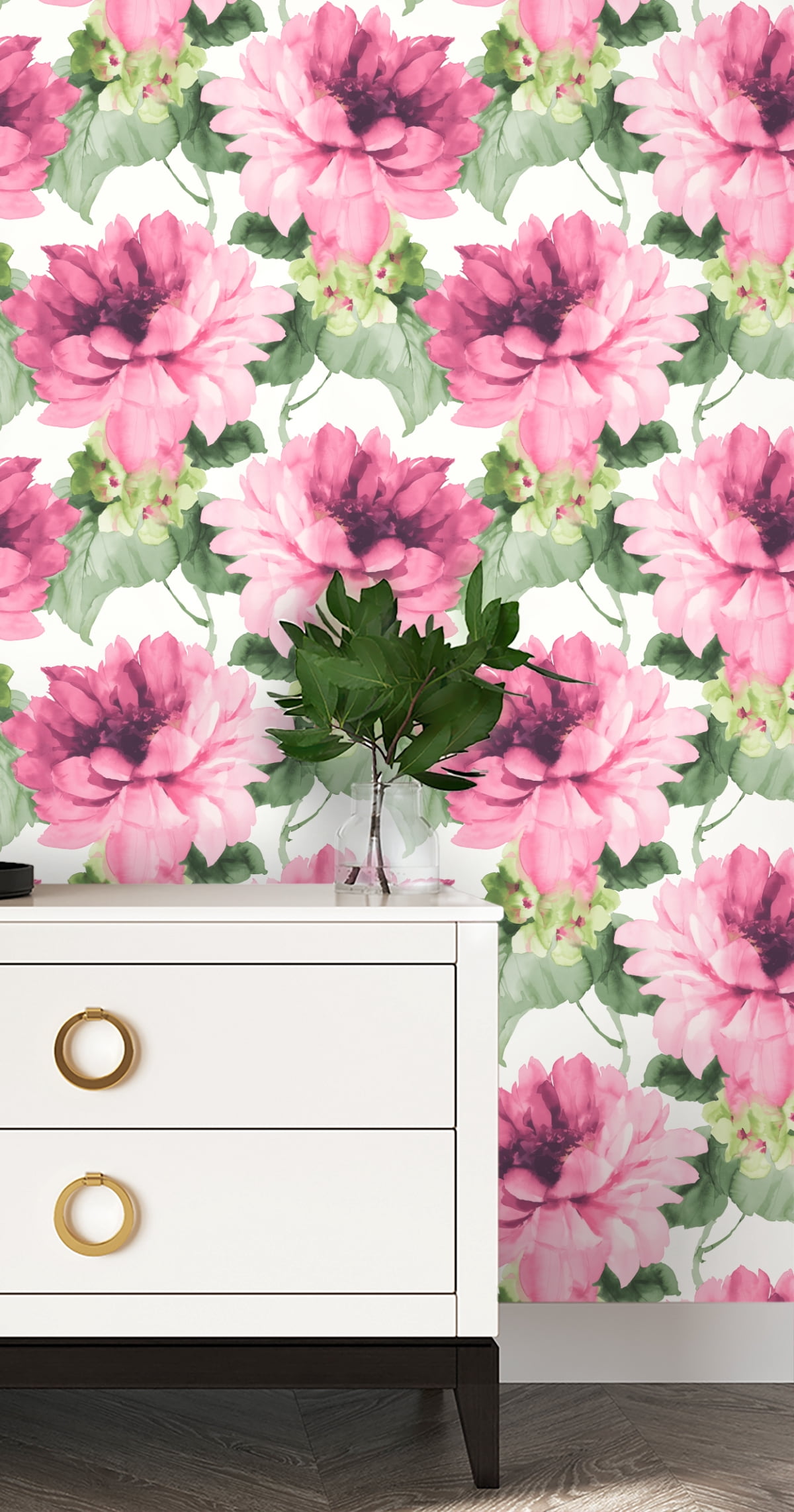NextWall Harry & Grace Watercolor Floral Peel and Stick Wallpaper 20.5 in. W x 18 ft. L - Cerise Pink & Evergreen