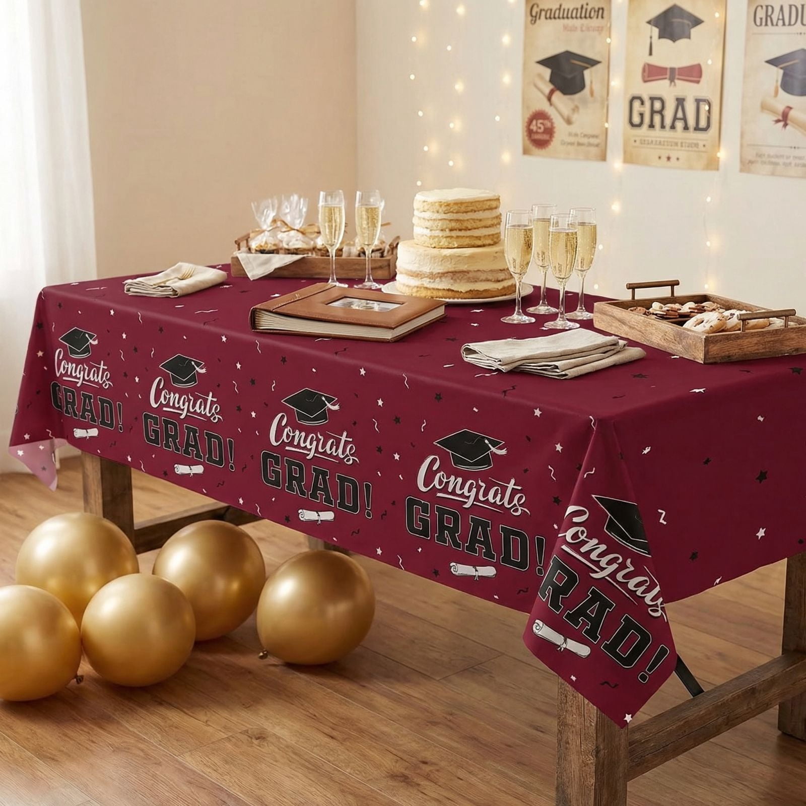2026 Graduation Decorations, 10 FT Graduation Table Cover Class of 2026 with Repeating "Congrats Grad!" Text, Cap & Certificate Design, Graduation Decoration, Waterproof Supplies for Party Decor