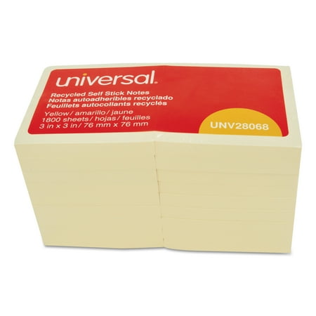 Universal Recycled Self-Stick Note Pads, 3 x 3, Yellow; 100-Sheet, 18/Pack -UNV28068