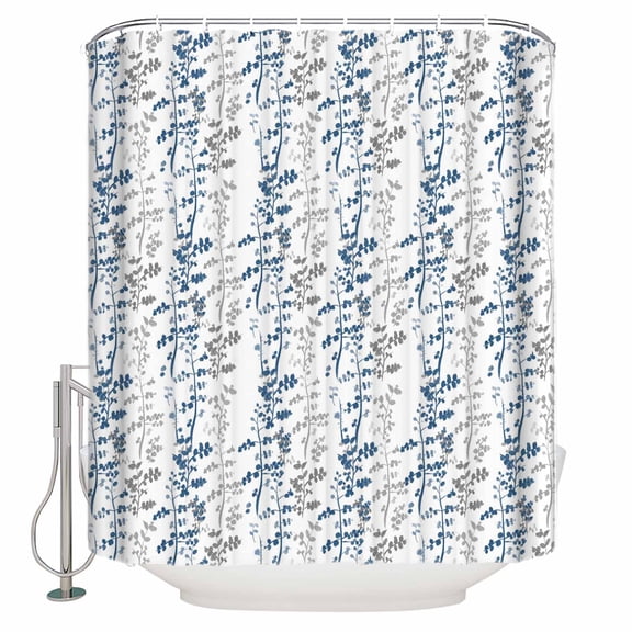 Navy Blue Grey Botanical Bathroom Shower Curtains with 12 Hooks Waterproof Shower Curtain for Stalls and Bathtubs Spring Floral Summer Farmhouse Decorative Bathroom Privacy Curtain 36x72 Inches