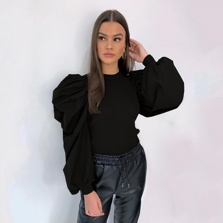 HAPIMO Savings Women s Ruffle Puff Sleeve Shirts O Neck Sweatshirt Relaxed Fit Pullover Blouse Stripe Solid Color Tops Gifts for Women Casual Slim Tee Shirt Fashion Clothing Black S Walmart