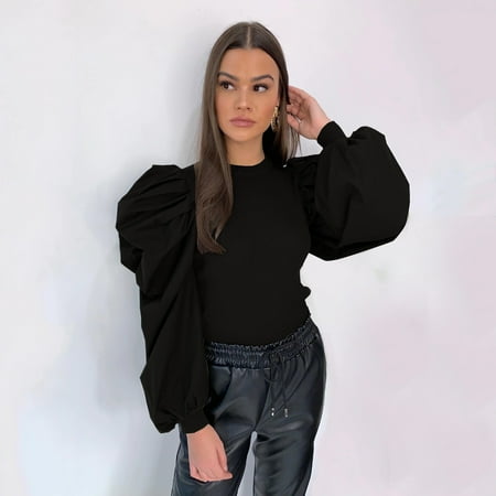 

Tawop Maternity Sweater Dress Long Frill Puff Sleeve Solid Blouse Shirt Sweater Tops Half Zip Sweater Women Virgin Killer Sweater
