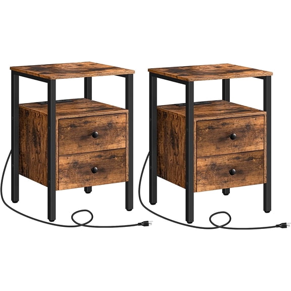 HOOBRO Nightstands Set of 2 with 2- Drawer and Charging Station Living Room Bedroom Brown BF431BZP201