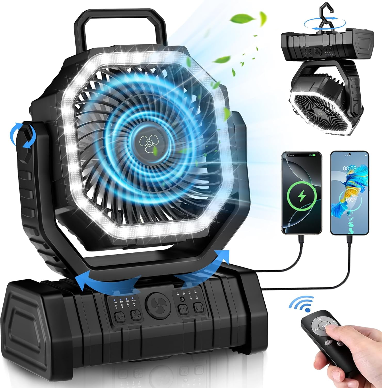 Portable Fan Rechargeable, 20000mAh Cordless Battery Powered Camping Fan with LED Light & Remote, 4 Speeds Wind, Timer, USB C, 360 Hanging Hook, Oscillating Fans for Travel Tent, Camping Essentials