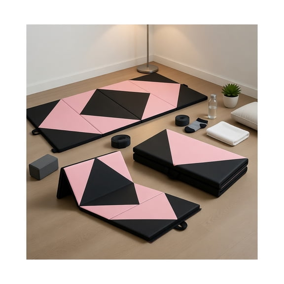 Topcobe 8 Feet PU Leather Folding Gymnastics Mat with Hook and Loop Fasteners, Easy to Clean Gym Mat, Gymnastics Equipment for Activity Play, Black & Pink