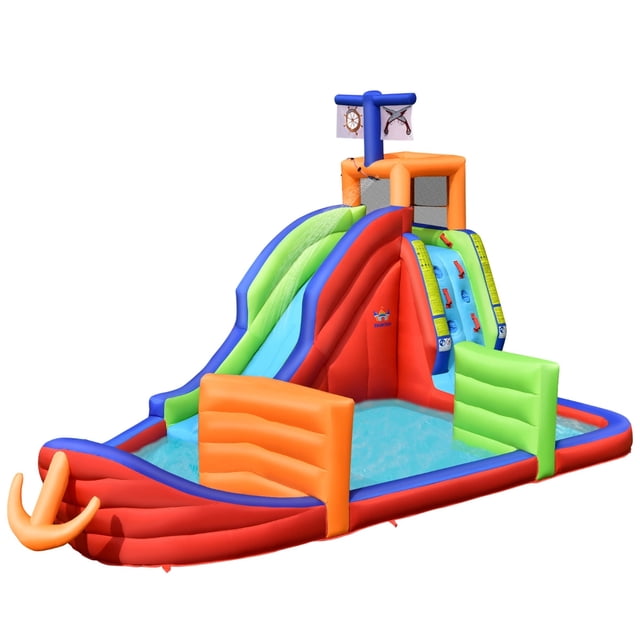 Tobogán Acuático Inflable Costway para Niños Casa Inflable 6 en 1 Forma de Barco de Piratas con Tobogán Pared para Escalar Piscina 460 x 310 x 290 cm
