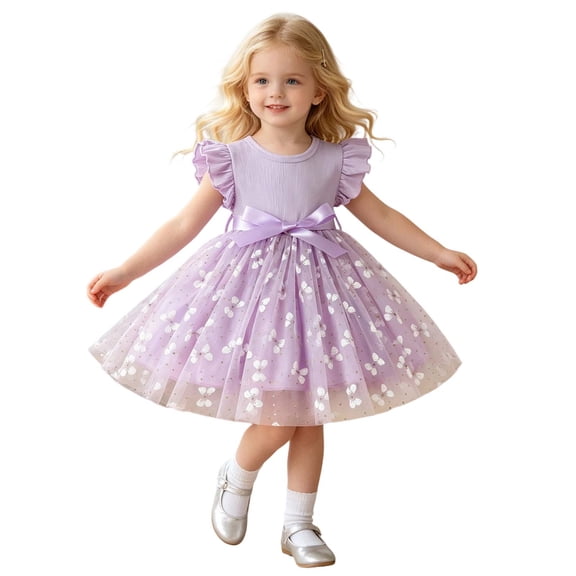 MEZZALL Toddler Girls Fly Sleeve Holiday Dress Dance Party Ribbed Dresses Clothes O-Neck Adorable Sundress
