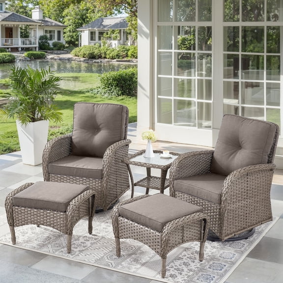 Unnifurnzi 5 Pieces Outdoor Wicker Patio Furniture Set-High Back Outdoor Rocking Chairs Set of 2 with Ottoman Patio Conversation Sets for Deck Lawn Porch Balcony Poolside-Gray/Gray