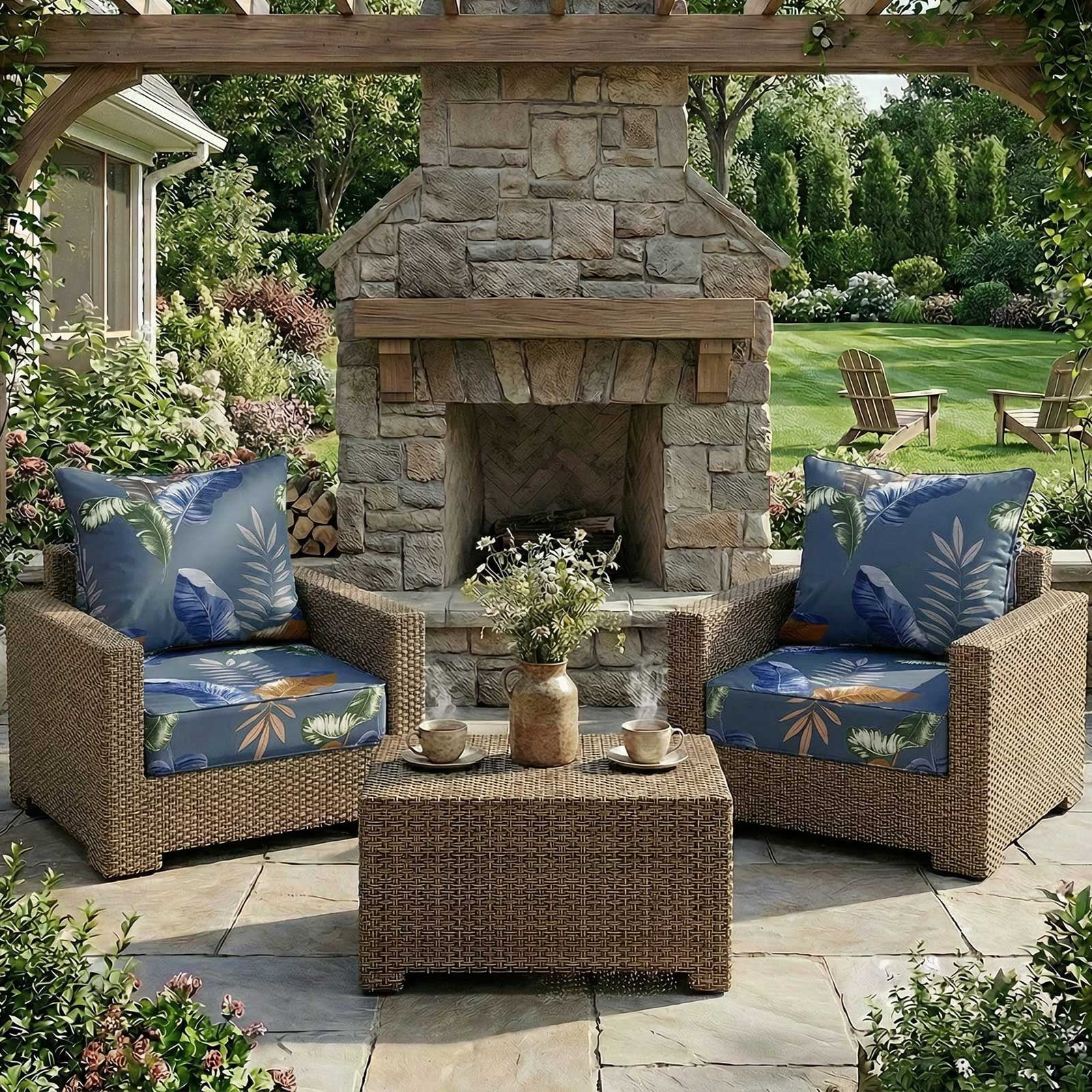 Outdoor Seat Cushion Set 24 x 24 Inch Waterproof & Fade Resistant Patio Furniture Cushions with Removable Cover, Outdoor Sofa Replacement Seat & Back Cushions for Chair Sofa Couch, Blue Leaves