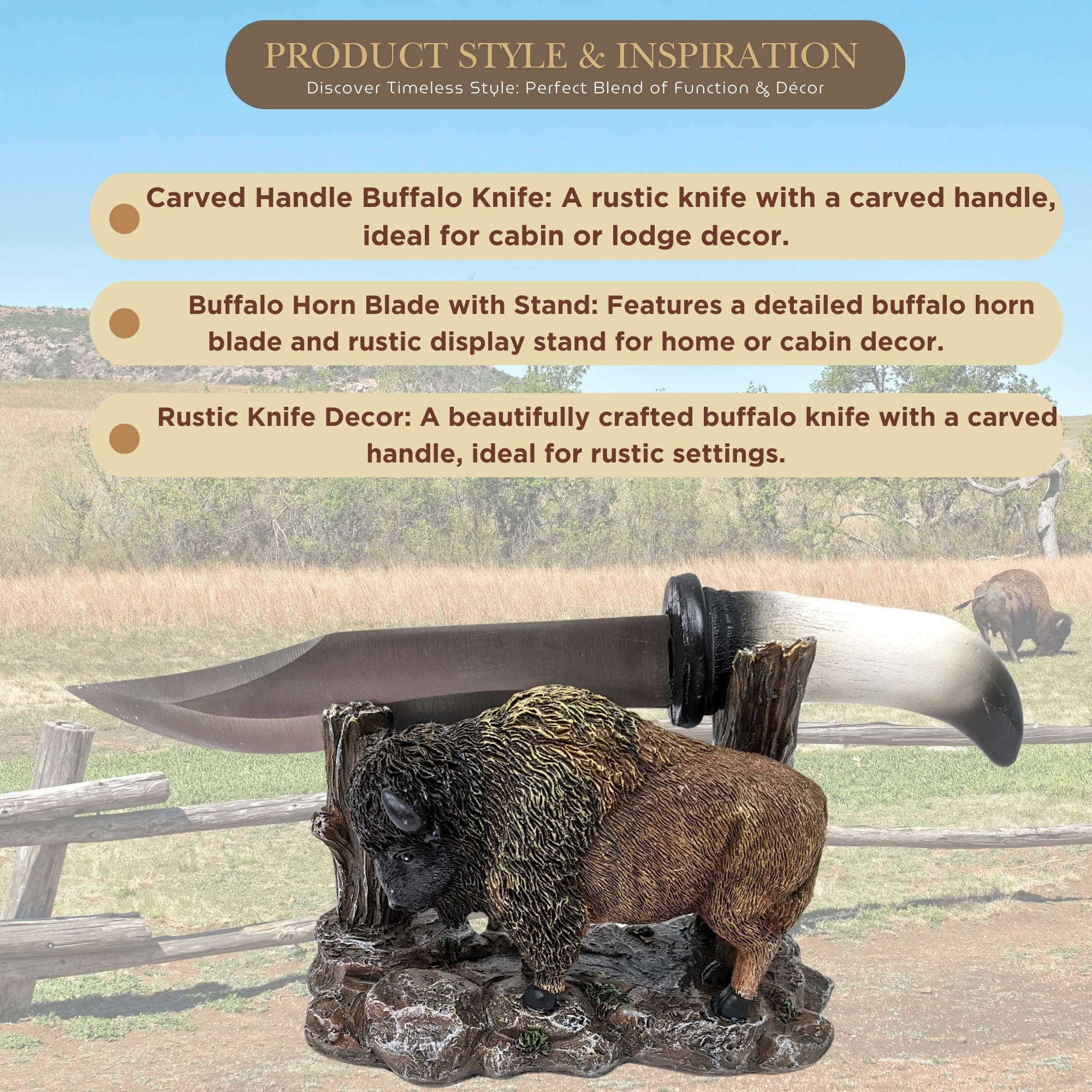 BestGiftEver Buffalo Horn-Inspired Blade Knife with Rustic Bison Stand, Cabin Lodge Decor