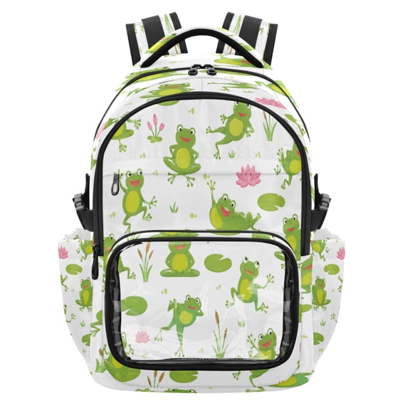 Qxltty Pond Life Frog Print Backpack School Bookbag with Clear PVC Front Pocket, Laptop Compartment, Water Resistant Travel Daypack for Students