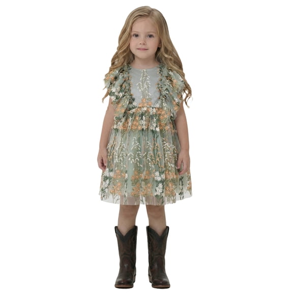 2Bunnies Girls' 2T-6yr Floral Embroidered Tulle Strap Flutter Sleeve Girl Dress