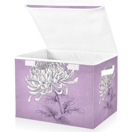 Foldable Fabric Storage Bin With Handle Collapsible Basket Box Storage With Lid Organizer Chrysanthemum Drawn