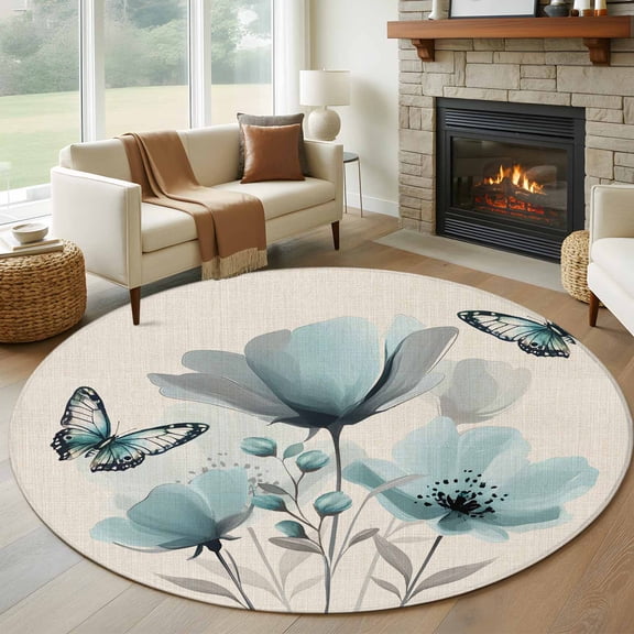 Tulip Butterfly Round Rug 5ft Washable Circle Kitchen Rugs Non Slip Vintage Spring Botanical Flowers Floral Large Area Rug Indoor Floor Carpet for Bedroom Living Room Home Office Dining Room Nursery