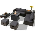thumbnail image 1 of Topbuy 9 Pieces Outdoor Patio Furniture Set with 30" Propane Fire Pit Table Outdoor PE Wicker Space-Saving Sectional Sofa Set with Storage Box and Cushions Grey, 1 of 10