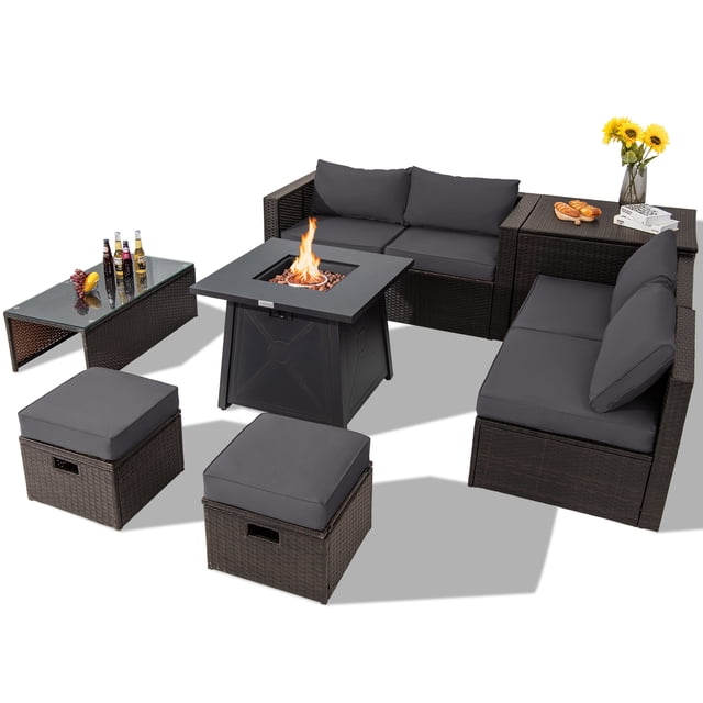 Topbuy 9 Pieces Outdoor Patio Furniture Set with 30" Propane Fire Pit Table Outdoor PE Wicker Space-Saving Sectional Sofa Set with Storage Box and Cushions Grey