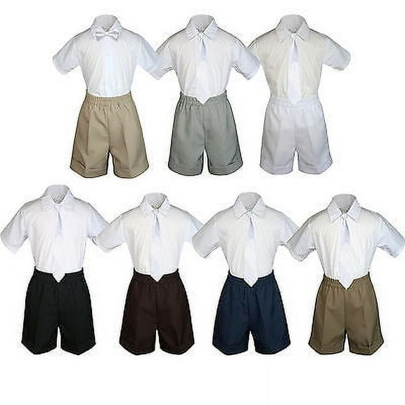 3pc Set BoyToddler Formal Party White Necktie White Black Khaki Shorts S-4T