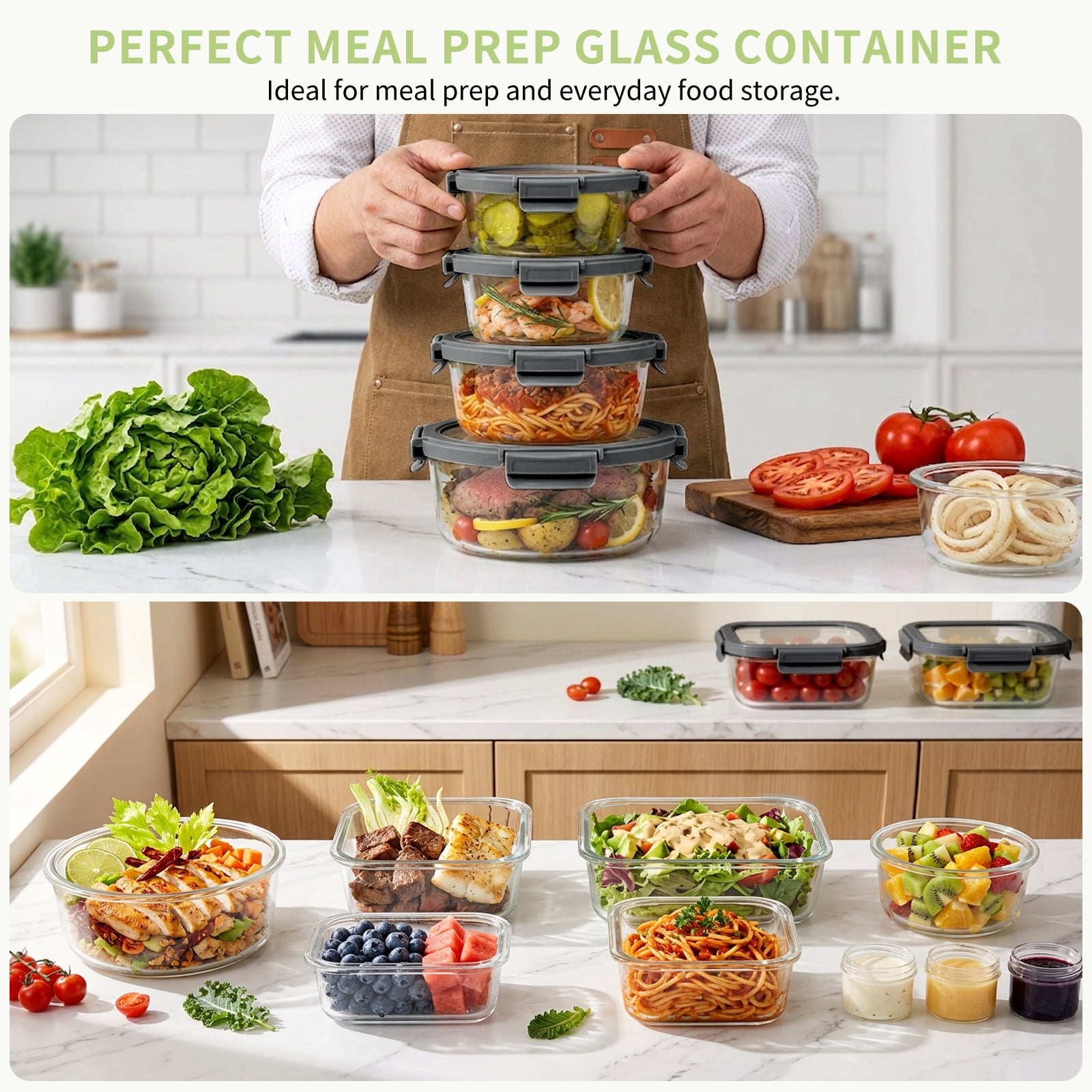 36 Pcs Glass Food Storage Containers with Tempered Lids Set, Borosilicate Oven-Safe(-4°F~950°F), Airtight Meal Prep Lunch Box Containers (18 Containers & 18 Lids), Grey