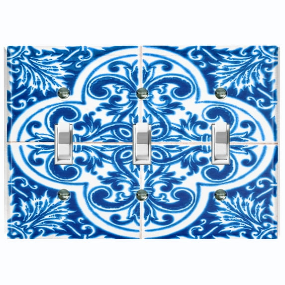 Metal Light Switch Plate Cover Elegant Blue White Mandala Tile Pattern TIL024