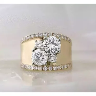 1.50Ct Round Real Moissanite Wide Wedding Band Ring - 14K Yellow Gold Plated