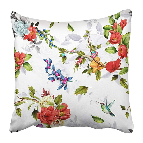 BOSDECO Rose Peony Wild Flowers Pomegranate Buds Poppy and Humming Bird Around Pillowcase Pillow Cover 20x20 inch