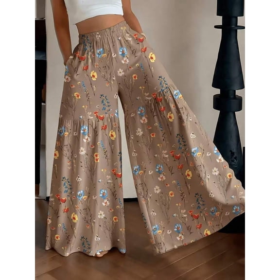 Elegant Women Lightweight Printed Wide Leg Pants, Loose Comfort Fit All-Season Trousers