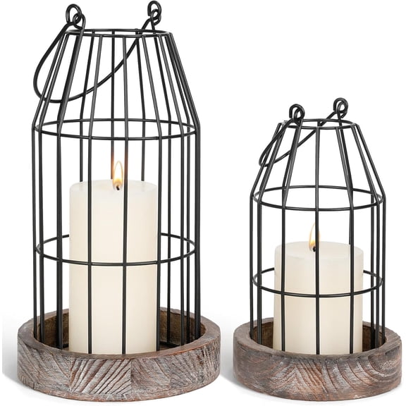 Rustic Wire Metal Cloche Set of 2 Candle Lantern Decorative Indoor Outdoor Vintage Cage Candle Holders Modern Farmhouse Decor for Fireplace Mantle Entryway Living Room Kitchen