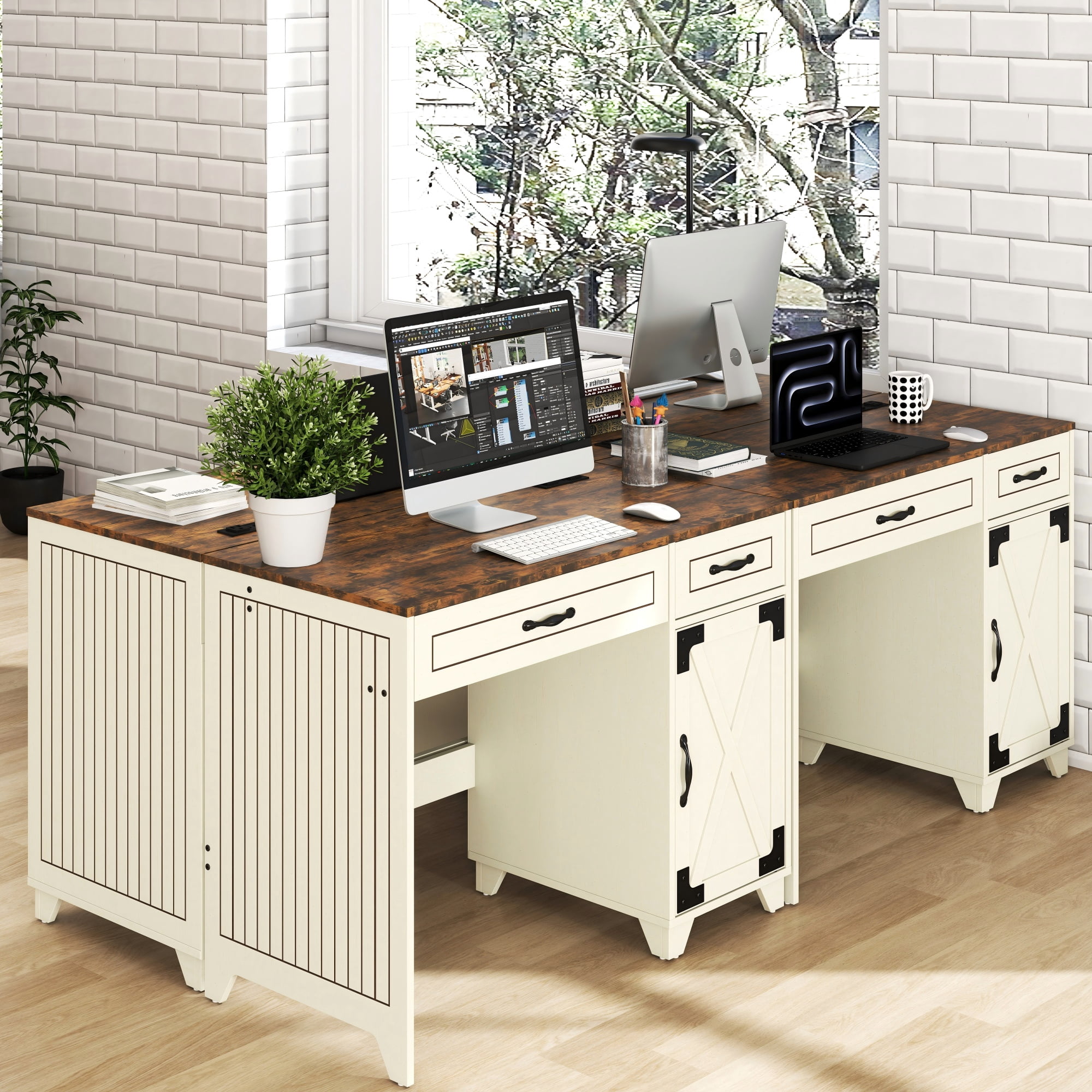 Manora Executive Desk, Modern Farmhouse Computer Desk with 2 Drawers & Cabinet, White Home Office Desk Writing Workspace for Work Study