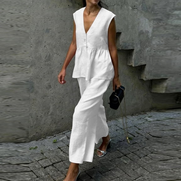 Xuyuer Women's Commuter Two Piece Set - Solid V-Neck Sleeveless Vest and Pocket Pants Outfit for Office Wear and Smart Casual Style