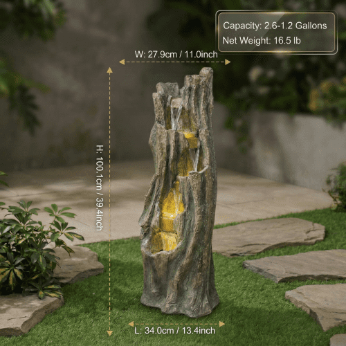 39.4" Tree Design Outdoor Waterfall Fountain with LED Lights, Resin Freestanding Garden Fountain for Patio Backyard Lawn Décor, Grey