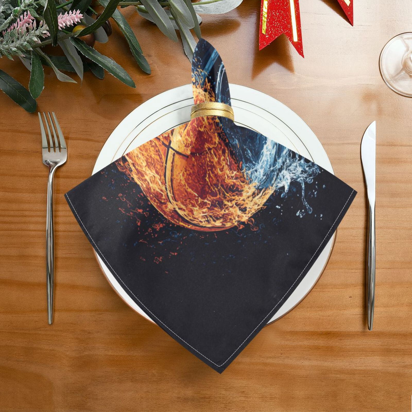JSTEL Basketball Water and Fire Cloth Napkins Set of 6, 20x20 Inch Washable and Reusable Napkin for Decoupage Dinner Party Everyday Use