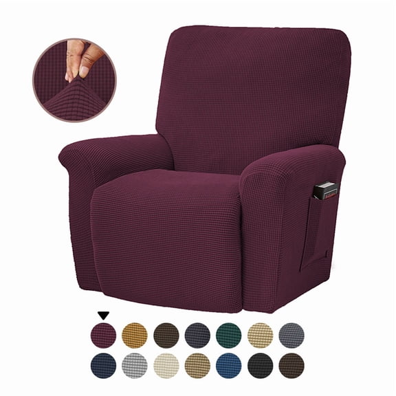 Mictong large solid color fleece recliner cover, washable sofa cover, thick polyester recliner cover, elastic recliner sofa cover, suitable for living room, 4-piece set, Wine red