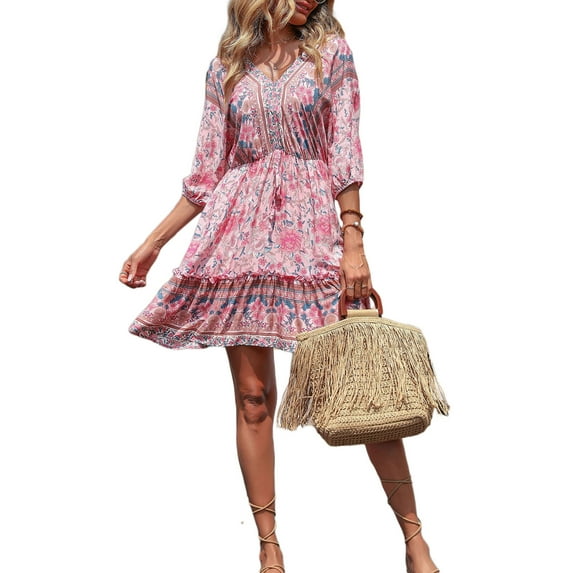 Seyurigaoka Women's Summer Pink Backless Ruffle Mini Dress, Half Sleeves V Neck Swing Party Sundress, Loose Bohemian Beachwear Dresses