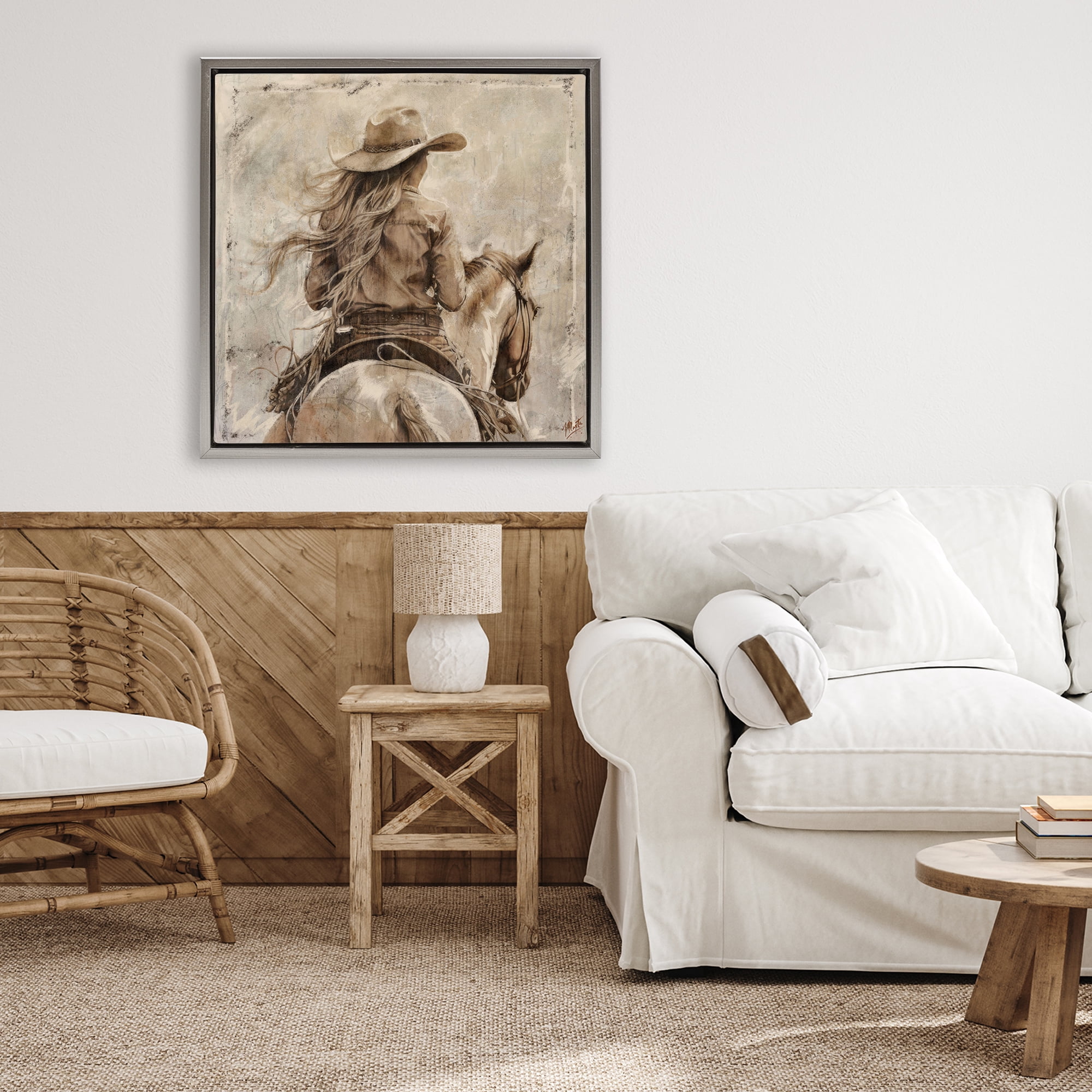 Stupell Industries Windblown Cowgirl on Horseback Gray Framed Floater Canvas Wall Art, design by Marta Wiley