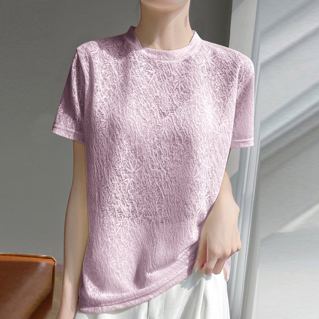 Ovbmpzd T-Shirts Tendance à Manches Courtes pour Femmes 2025 Décontracté Violet Uni Confortable T-Shirt Blouse pour Femmes G