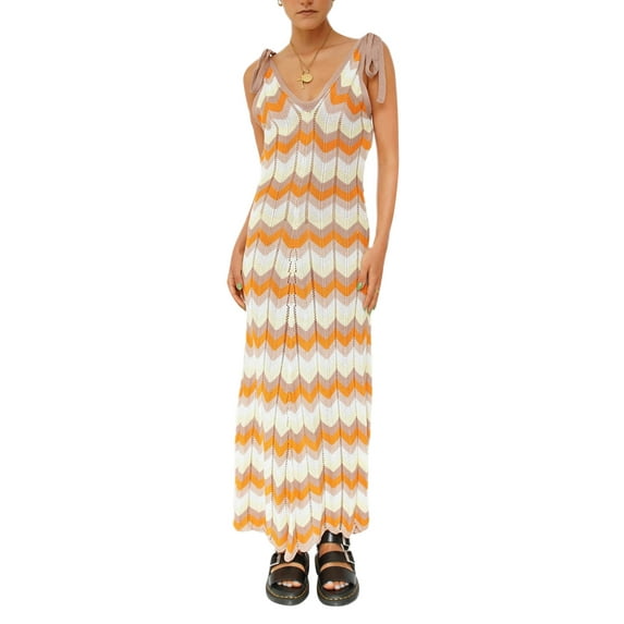 SAYOO Summer Knit Long Dress for Women, Wavy Stripe Print Sleeveless Halter Neck/Tie-Up Shoulder Strap V-Neck Dress for Party Club