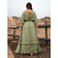 thumbnail image 2 of Olive Green Plus Size Casual Vacation Tie Front Ruffle Maxi Dress With V-Neck And Flared Sleeves, 2 of 7