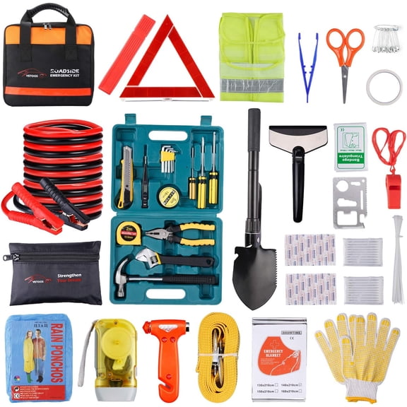 ThrottleT-Car Roadside Emergency Kit with Jumper Cables, Auto Vehicle Safety Road Side Assistance Kits, Winter Car Kit Essentials for Women and Men, with Car Repair Tool Set, Folding Survival Shovel