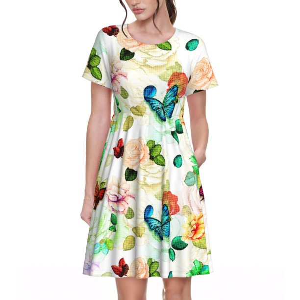 Disketp Floral Vintage para Vestido de Manga Corta para Mujeres, Vestidos de Verano para Mujeres, Casual y Holgado para la Playa