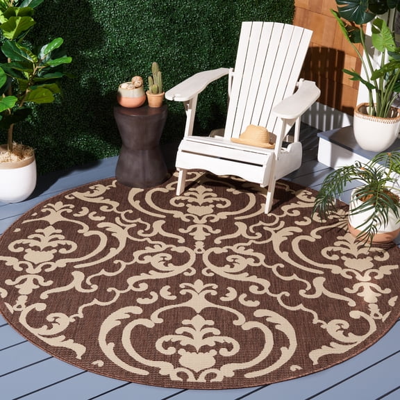Safavieh Courtyard Dara Damask Indoor/Outdoor Area Rug, Chocolate/Natural, 7'10" x 7'10" Round