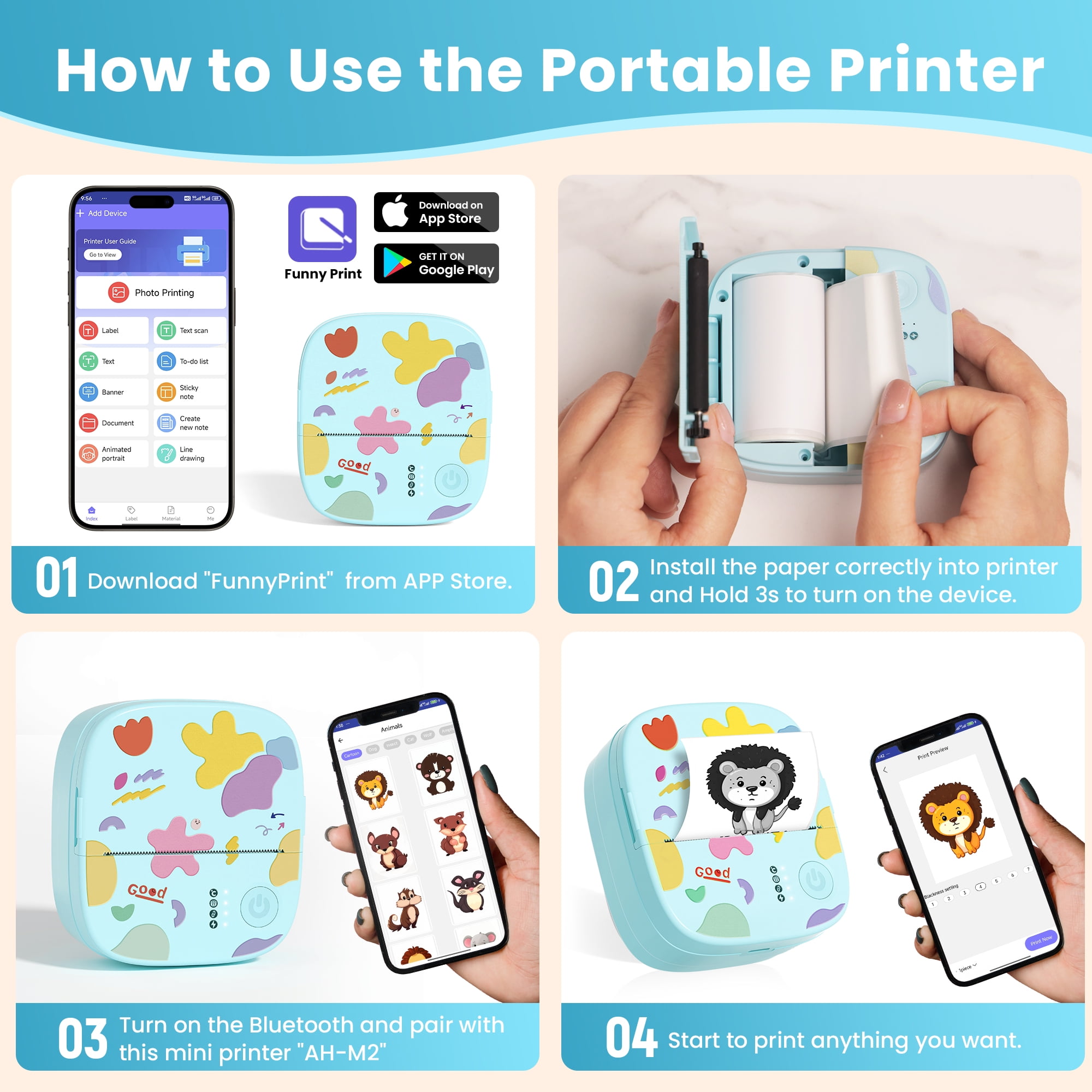 Mini Portable Sticker Printer XenGro, Mini Thermal Printer with 4 Rolls Paper, Bluetooth Inkless Printpods, Pocket Label Maker Suitable for Creative Kids DIY, Diaries, Photos, Study Notes