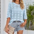 thumbnail image 3 of Camiseta de verano recortada lisa cuello redondo manga 3/4 tejido protector solar Top de mujer para playa al aire libre diario azul claro M, 3 of 7